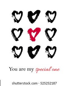 Vector hand drawn ink illustration with hearts. Greeting card with You are my special one text. Doodles.