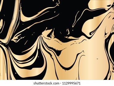 Vector hand drawn ink marbling texture. Black and gold design template for party, invitation, web, banner, birthday, wedding, business card. Abstract golden background. 