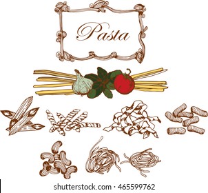 Vector hand drawn ink pasta set with basil, garlic and tomato. Vintage line art illustration.