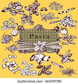 Vector hand drawn ink pasta set with basil, garlic and tomato. Vintage line art illustration.