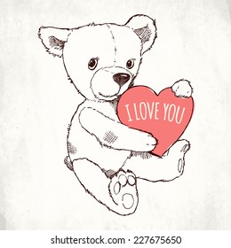 Vector hand drawn ink pen illustration of cute teddy bear holding pink heart with 'I Love You' title on it on paper texture background | Soft toy teddy bear with heart valentine design element