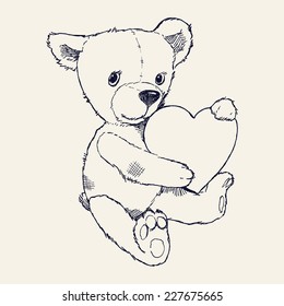 Vector hand drawn ink pen illustration of cute teddy bear holding heart | Soft toy teddy bear with heart design element