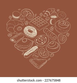 Vector hand drawn ink pen pastries heart shaped composition featuring croissant, belgian waffle, eclair, cinnamon roll and more, white contour | Sweet bakery products heart figure vector illustration