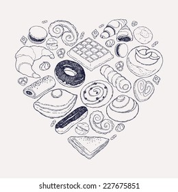 Vector hand drawn ink pen pastries heart shaped composition featuring croissant, belgian waffle, eclair, cinnamon roll, macaron and more | Sweet bakery products heart figure vector illustration