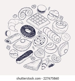 Vector hand drawn ink pen pastries round composition featuring croissant, belgian waffle, eclair, cinnamon roll, macaron and more | Sweet bakery products circle figure vector illustration