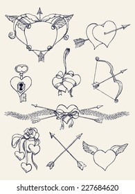 Vector hand drawn ink pen retro vintage design elements, spacers, dividers and dingbats on bow and arrow, hears, wings and other romantic valentine's day items, black and white