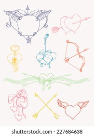 Vector hand drawn ink pen retro vintage design elements, spacers, dividers and dingbats on bow and arrow, hears, wings and other romantic valentine's day items, colored