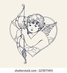 Vector hand drawn ink pen illustration on cute cupid in heart shaped frame holding bow and arrow | Retro looking angel with bow and arrow line art drawing