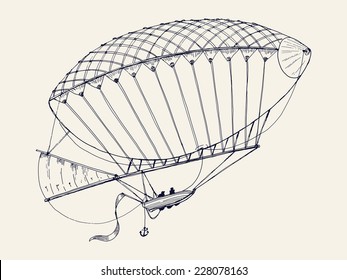 Vector hand drawn ink pen illustration of ancient airship flying | Vintage dirigible line art drawing