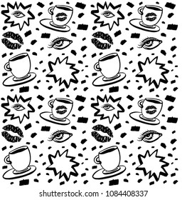 Vector hand drawn ink seamless pattern with woman eye, closed eyes and coffee cup with lipstick. Isolated black on white background. Design for prints, textile, posters and web in beauty industry