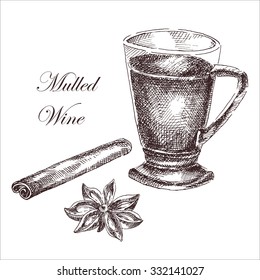 vector hand drawn ink sketch of mulled wine, cinnamon, anise. detailed food drawing for autumn illustration