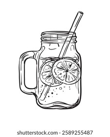 Vector hand drawn ink style illustration of glass of lemonade with straw isolated on white background