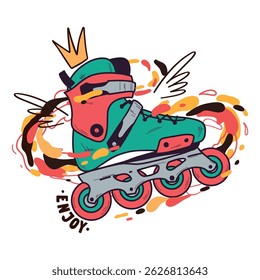 Vector hand drawn inline skate boot with paint splashes and wings and crown