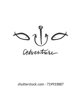Vector hand drawn inscription "Adventure", marine elements. Poster, postcard, print, sticker, label, logo and other.