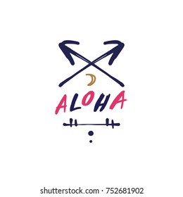Vector hand drawn inscription "Aloha". New moon, ethnic, hawaiian style, ethnic, summer, island atmosphere, vacation. Print, poster, postcard, elements for desig nand more.