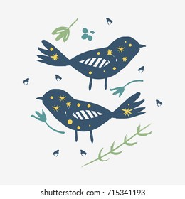 Vector hand drawn inscription birds and floral elements. Poster, postcard, print, sticker, label and other.