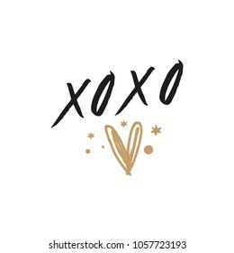 Vector hand drawn inscription, hugs and kisses and golden heart.