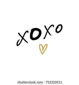 Vector hand drawn inscription, hugs and kisses, golden heart, font, inscription, poster, quote, wish, postcard, print, signature, set.