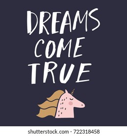 Vector hand drawn inscription "I can and I will", unicorn illustration. Poster, postcard, print, sticker, label and other.