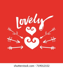 Vector hand drawn inscription "Lovely", decor elements. Poster, postcard, print, sticker, label and other.