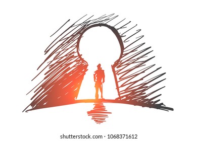 Vector hand drawn inside concept sketch. Silhouette of man standing in keyhole.