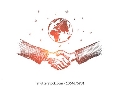 Vector hand drawn International business concept sketch. Handshake of two businessmen with globe at background.