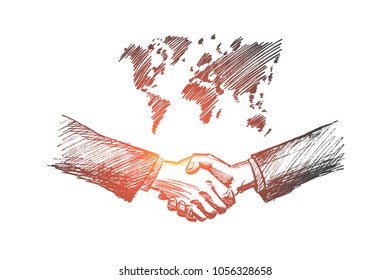 Vector hand drawn international partnership sketch. Handshaking of two businessmen on world map background meaning successful meeting or deal.