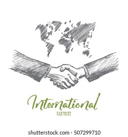 Vektor handgezeichnete internationale Partnerschaftskizze. Handshaking von zwei Geschäftsleuten auf Weltkartenhintergrund bedeutet erfolgreiches Meeting oder Deal. Internationale Briefpartner