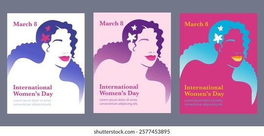 Vector hand drawn international women's day greetings card template, black woman or latina girl with curly hair. Happy Women's Day Poster set