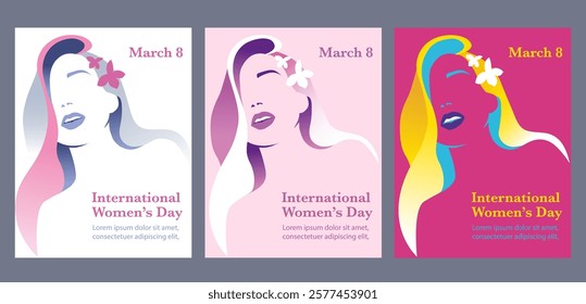 Vector hand drawn international women's day greetings card template, caucasian woman with wavy hair. Happy Women's Day Poster set