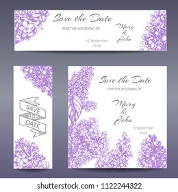 Vector hand drawn invitation for the wedding. Card with Lilac flowers.