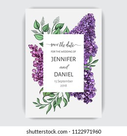 Vector hand drawn invitation for the wedding. Card with Lilac flowers.