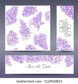 Vector hand drawn invitation for the wedding. Card with Lilac flowers.