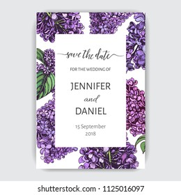 Vector hand drawn invitation for the wedding. Card with Lilac flowers.