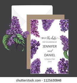 Vector hand drawn invitation for the wedding. Card with Lilac flowers.