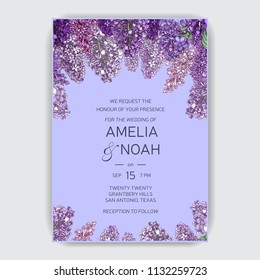 Vector hand drawn invitation for the wedding. Card with Lilac flowers.