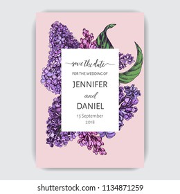 Vector hand drawn invitation for the wedding. Card with Lilac flowers.