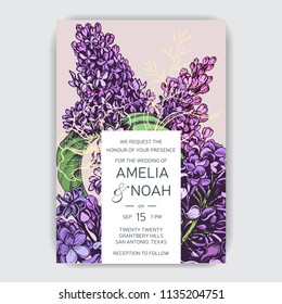 Vector hand drawn invitation for the wedding. Card with Lilac flowers.