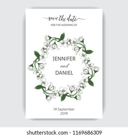 Vector hand drawn invitation for the wedding. Card with jasmine flowers.
