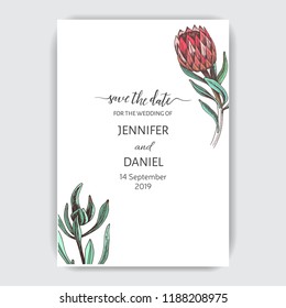 Vector hand drawn invitation for the wedding. Card with protea flowers.