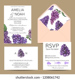 Vector hand drawn invitation for the wedding. Card with Lilac flowers.