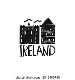 Vector hand drawn Ireland logo. Travel illustration of Republic of Ireland shape. Hand drawn lettering illustration. Irish culture element