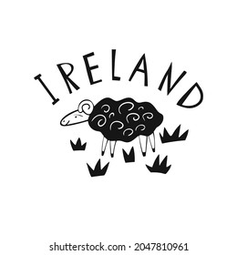 Vector hand drawn Ireland logo. Travel illustration of Republic of Ireland shape. Hand drawn lettering illustration. Irish culture element