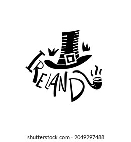 Vector hand drawn Ireland logo. Travel illustration of Republic of Ireland shape. Hand drawn lettering illustration. Irish culture element