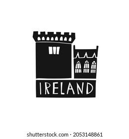 Vector hand drawn Ireland logo. Travel illustration of Republic of Ireland shape. Hand drawn lettering illustration. Irish culture element