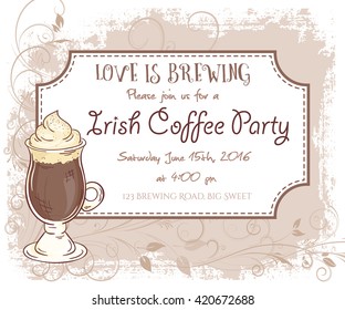 vector hand drawn irish coffee party invitation card, vintage frame, glass and leaves.