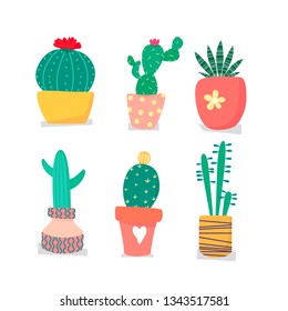 Vector hand drawn isolated cactus and succulents set. Cute green cactus in flower pots.
