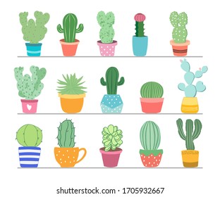 Juego de cactus aislado dibujado a mano por el vector.  Suculentos y plantas de casa grandes conjunto. Se puede utilizar para el diseño textil, estático, de tela. 