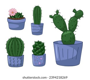 Vector hand drawn isolated cactus and succulent set. Cute green cactus in flower pots.