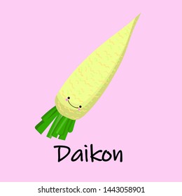 Vector hand drawn isolated daikon with the inscription. Healthy lifestyle. Eco friendly